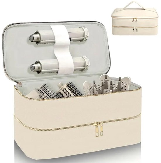 Foto: Ultiluxe luxe opbergtas fohn borstel beige goud geschikt voor dyson krultang tas opbergstukken krulborstel fohnborstel opbergen haar accessoires airwrap styler case opberger haardroger stijlborstel stijltang