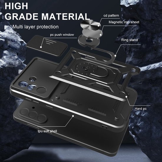 Gedemonteerde zwarte telefoonhoes die de gelaagde bescherming toont: tpu soft shell, hard pc, magnetische ijzeren plaat en ring stand.
