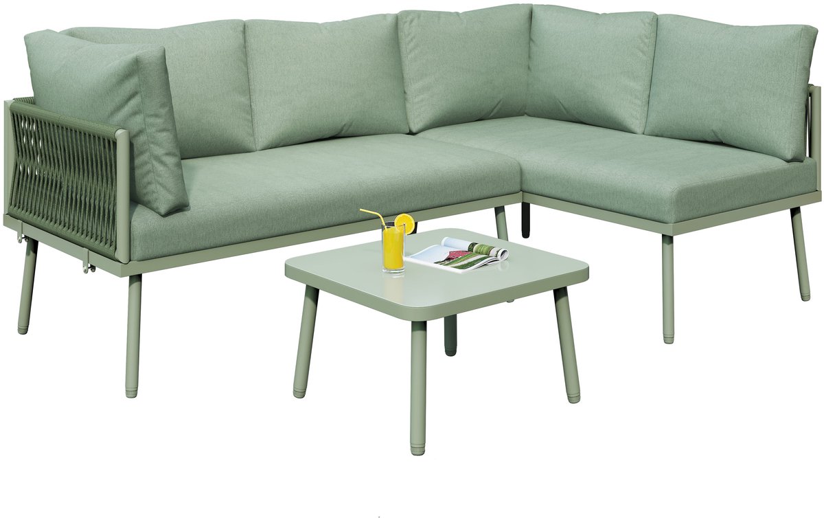 Merax L-vormige Loungeset Tuin met groene kussens en glazen tafel.