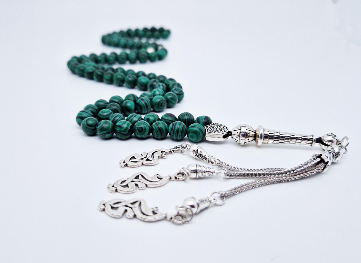 Handgemaakte tesbih "Tasbih" natuursteen "Malachiet" - Aantal kralen 99 - Diameter kralen 8MM - met metaal tassel "Moeder" - Een mooi cadeau-idee