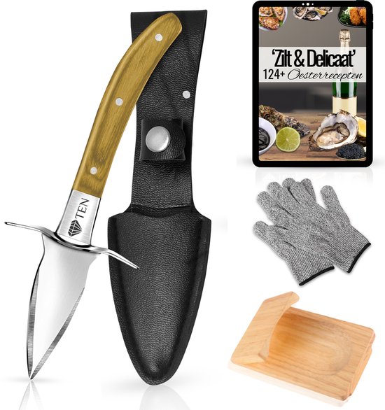 TEN® - Oestermes met Handschoen + eBook Kookboek - Lederen houder - Oesterhandschoen - Oester- Zwart