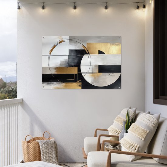 Tuinposter 120x80 cm - Tuindecoratie Abstract - Goud - Zilver - Vormen - Aesthetic - Poster voor in de tuin - Buiten decoratie - Schutting tuinschilderij - Tuindoek muurdecoratie - Wanddecoratie balkondoek