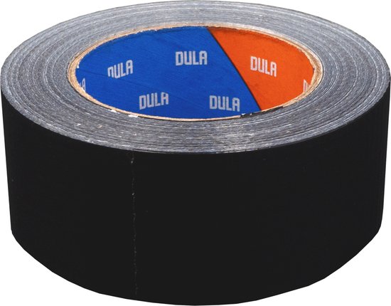 Zwarte ducttape rol met een blauw-oranje DULA-kern.