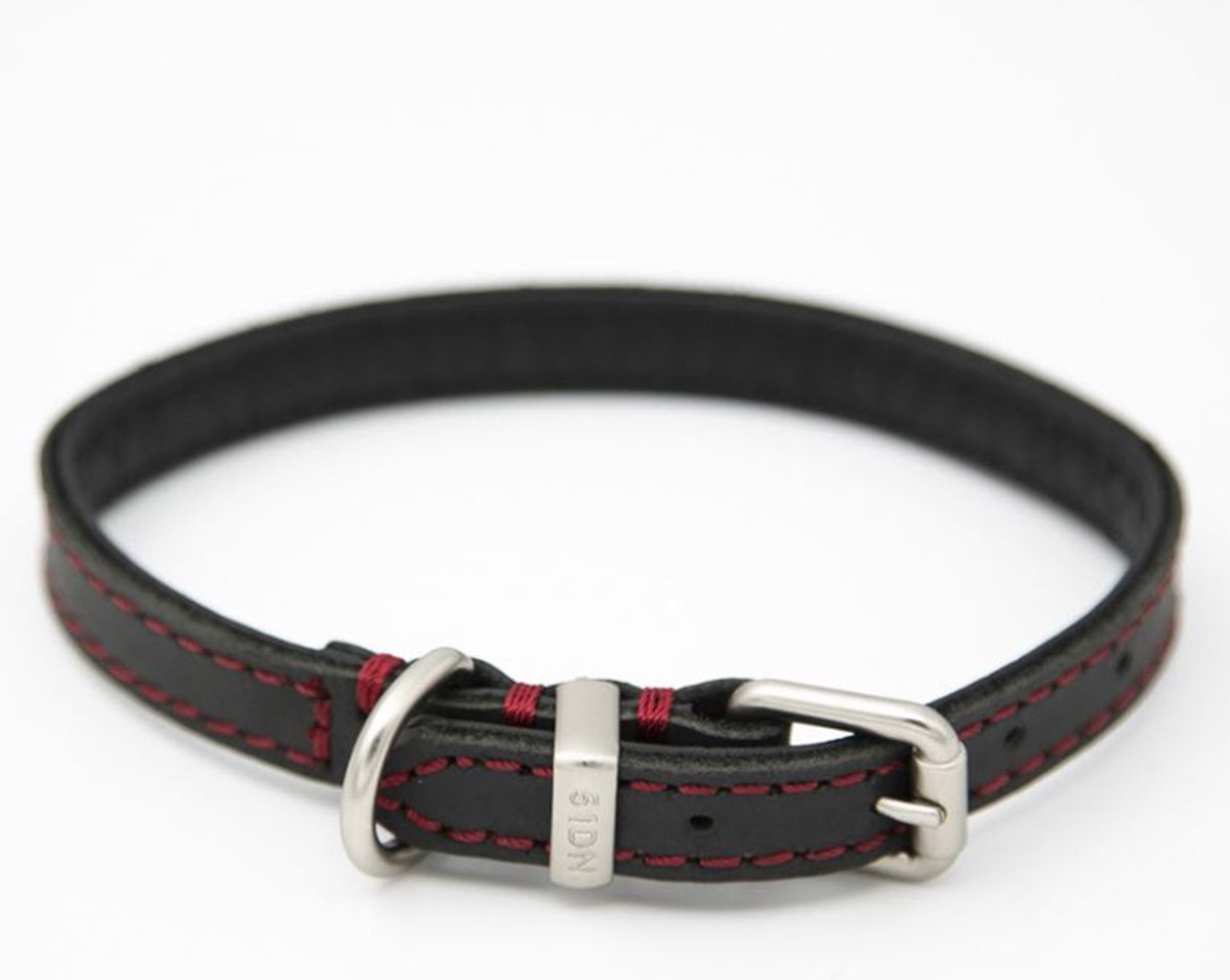 Kukura Lederen Hondenhalsband – Zwart met Rood Stiksel - 25mm x 60cm – Halsband voor Hond & Kat