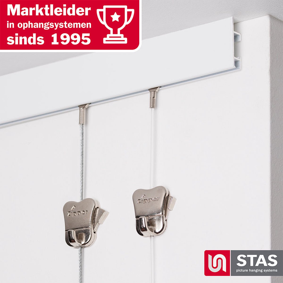 STAS Schilderijrail - Ophangsysteem Schilderijen / Fotolijsten / Poster - Ophangrails - Zonder Boren - Ophanghaak - Ophangrek - Schilderijrails - Cliprail Max - Wit -150 cm - Complete Kit
