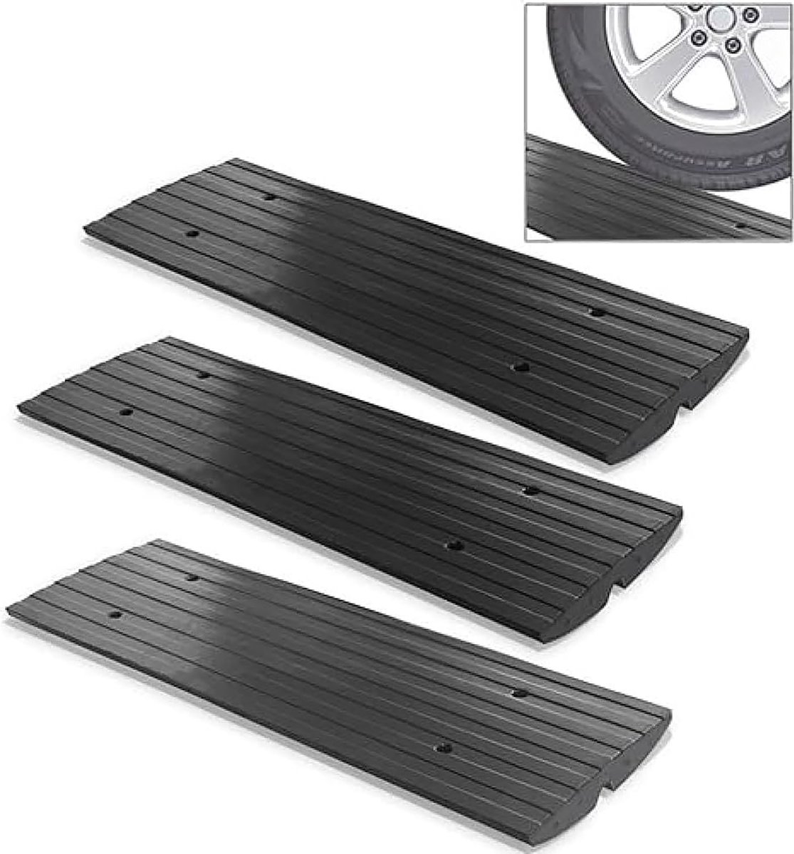 Pyle drempeloprijplaat, 3-Delige Rubberen Ramp Set voor Opritten, Verstelbare Drempelhulp, Oprijplaten voor Garages, Trottoirs, Vrachtwagens, Scooters, Fietsen, Motorfietsen en Rolstoel