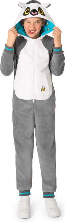 OppoSuits Apen Onesie Kids - Unisex - Ringstaart Maki Fleece Jumpsuit - Carnavalskleding - Dieren Verkleedpak Voor Kinderen - Grijs - Maat: XL - EU158/164 - 14-16 Jaar