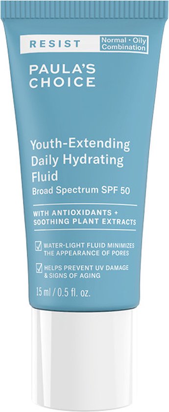 Blauwe flacon van Paula's Choice Youth-Extending Daily Hydrating Fluid Broad Spectrum SPF 50, 15 ml.