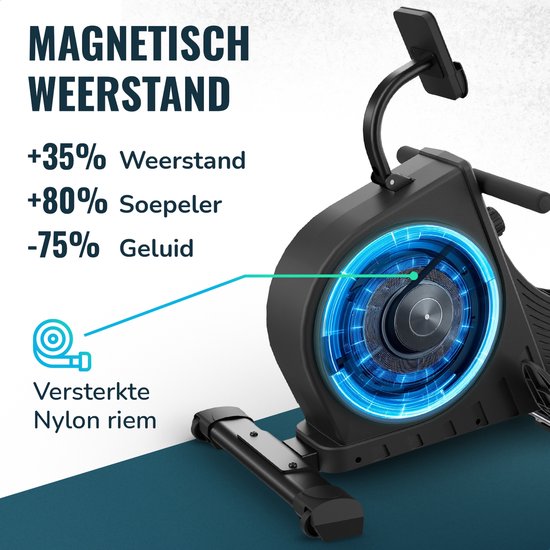 Close-up van de roeimachine met magnetische weerstand, blauw gloeiende details, versterkte nylon riem.