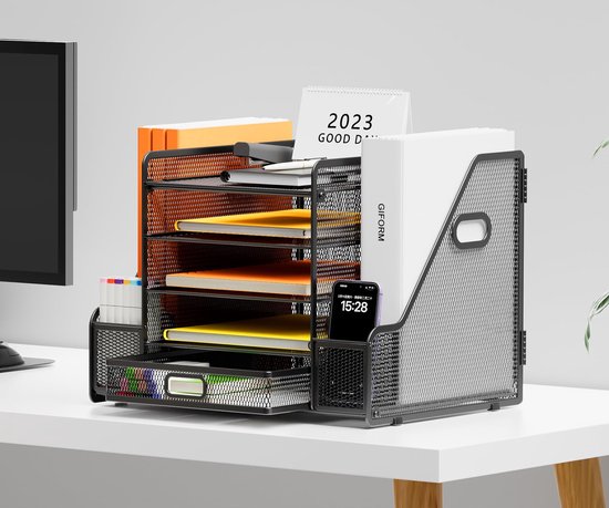 SUPTIDY Papieren organizer met handvat met 5 vakken, netstof, bureau-map, brieforganizer, zwarte papiersorteerder voor kantoor, thuis of school, blauw
