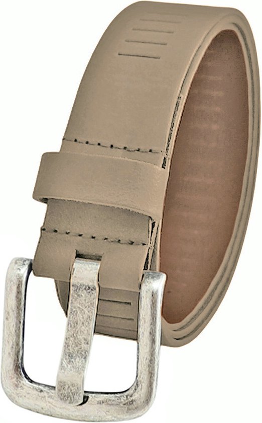 Taupe leren riem met geperforeerde sleufjes, van dichterbij gezien met de zilverkleurige gesp.