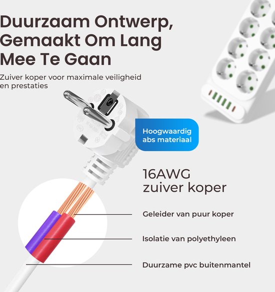 Vue détaillée d'une fiche avec conducteurs en cuivre pur 16AWG et isolation en polyéthylène.