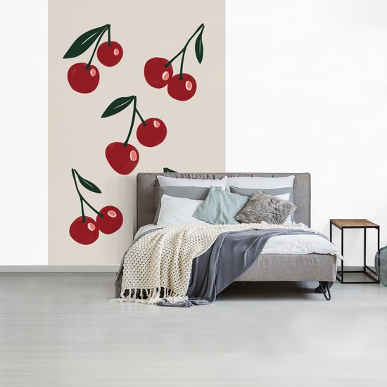 Behang - Fotobehang Kersen - Blaadjes - Rood - Breedte 195 cm x hoogte 300 cm