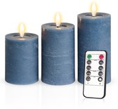 Meisterhome - 3 x Bougie Pilier LED - Blauw - Bougie Pilier Cire véritable - Bougies LED - 10 / 12,5 / 15 cm de Haut - Avec télécommande - Minuterie 2/4/6/8 heures - Intensité variable