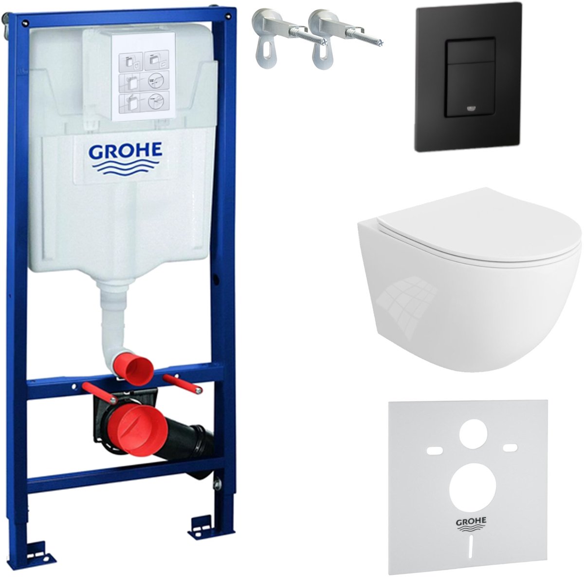 Inbouwreservoir Complete Toiletset Grohe Solido 39069000 - Inbouw WC Hangtoilet Wandcloset Sinto Wit Hoogglans - Bedieningsplaat EVEN 3in1 Zwart - Voorwandelement - Installatiesysteem
