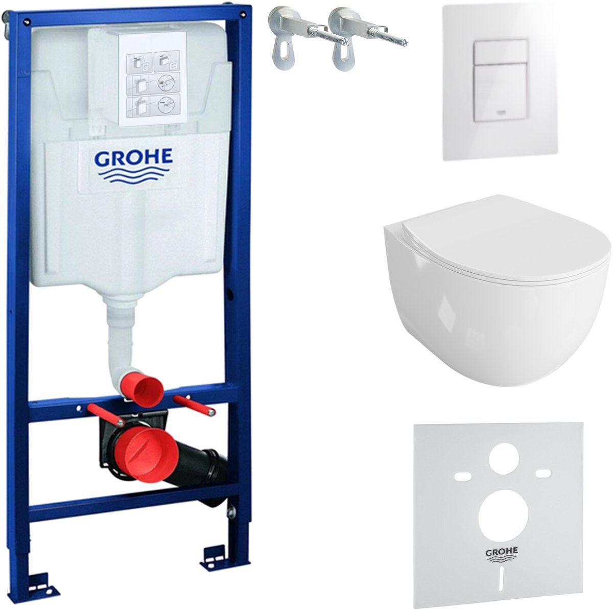 Inbouwreservoir Complete Toiletset Grohe Solido 39069000 - Inbouw WC Hangtoilet Wandcloset Mondo Wit Hoogglans - Bedieningsplaat EVEN 3in1 Wit Hoogglans - Voorwandelement - Installatiesysteem