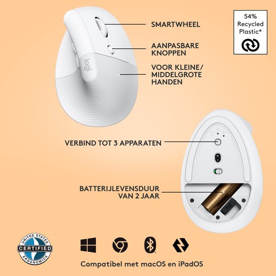 Logitech Lift - Verticale ergonomische muis - Rechtshandig - Wit