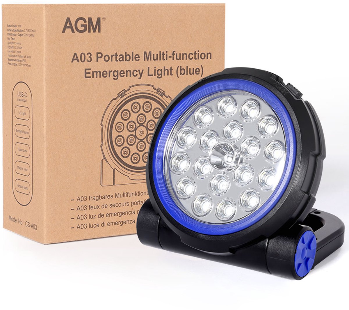 AGM Universal WorkLight met Licht standen en Strobe standen - Bouwlamp - IP55 - Oplaadbaar (Accu 5200) en kantelbaar - 800~2000 lumen - Blauw