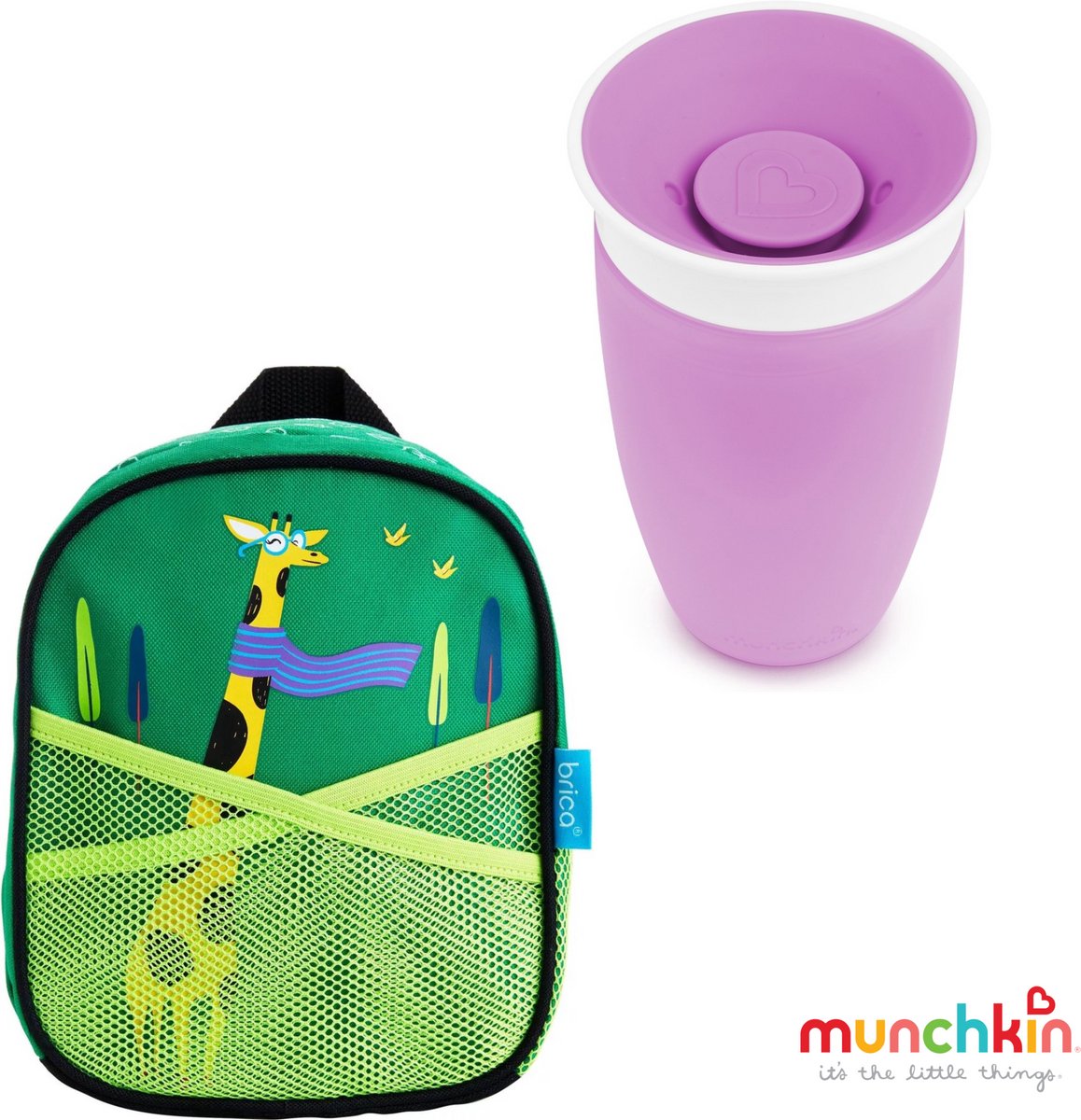 Goedkoopste Munchkin Luiertas met Munchkin Miracle Drinkbeker Paars - Brica by my side rugzak groen - Miracle Anti-Lek 360° Drinkbeker - Sippy Cup - Oefenbeker voor Baby en Kind - 296ml - Paars