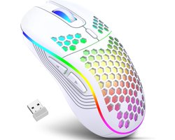 StayPowered Draadloze Gaming Muis - Ultralicht & Oplaadbaar - Ergonomisch Honingraat Design - RGB Verlichting - Instelbare DPI - 2.4G Stabiele Verbinding - USB-C Oplaadbaar - Wit - Levering Sneller dan Aangegeven!