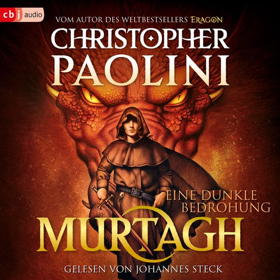Murtagh - Een duistere dreiging, geschreven door Christopher Paolini. Een man in een bruine kapmantel met een zwaard staat voor een rode draak.