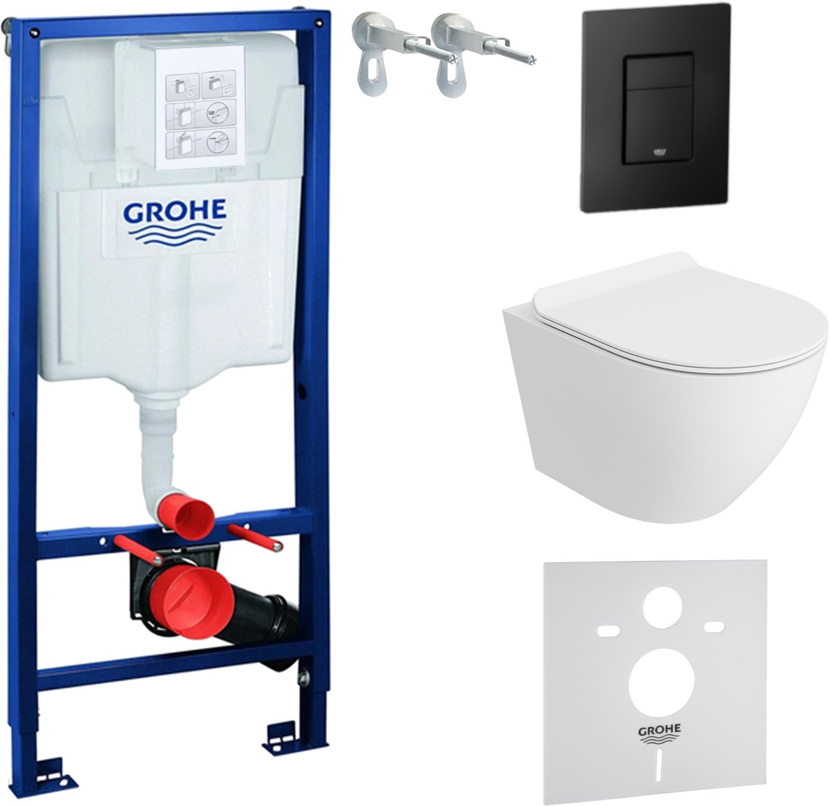 Inbouwreservoir Complete Toiletset Grohe Solido 39069000 - Inbouw WC Hangtoilet Wandcloset Sofi Slim White Mat - Bedieningsplaat EVEN 3in1 Zwart - Voorwandelement - Installatiesysteem