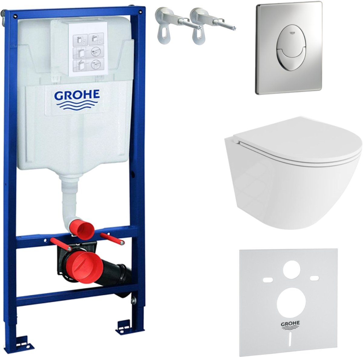 Inbouwreservoir Complete Toiletset Grohe Solido 39069000 - Inbouw WC Hangtoilet Wandcloset Sofi One Wit Hoogglans - Bedieningsplaat Skate Air Chroom - Voorwandelement - Installatiesysteem