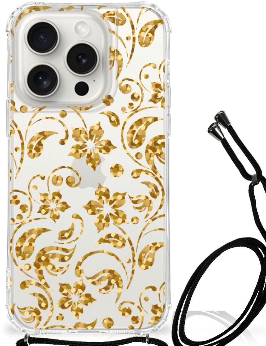 TPU Case Anti-Shock met Koord voor iPhone 15 Pro Case Gouden Bloemen