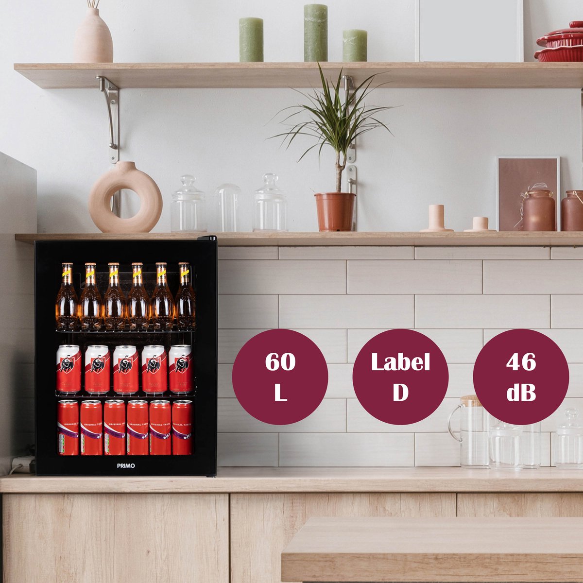 PRIMO PR179BC Drankkoelkast - Minibar - Mini Koelkast - Glazen deur - Vrijstaand - 60L - D - Zwart — afbeelding 5