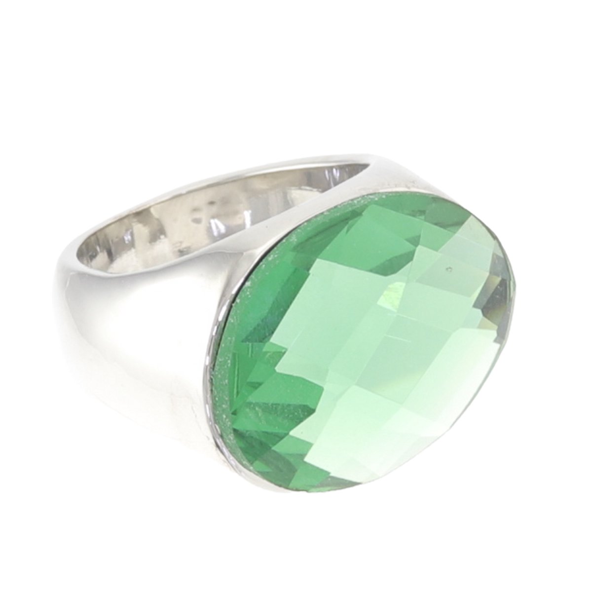 Behave - Ring - Zilverkleurige statement ring met grote ovale groene facetgeslepen glassteen – Nikkelvrij - 17mm