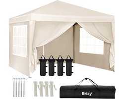 Brixy Partytent - Opvouwbaar - Easy Up - 3x3m - Waterdicht - Paviljoen Met Zijwanden - Incl. Draagtas - Creme