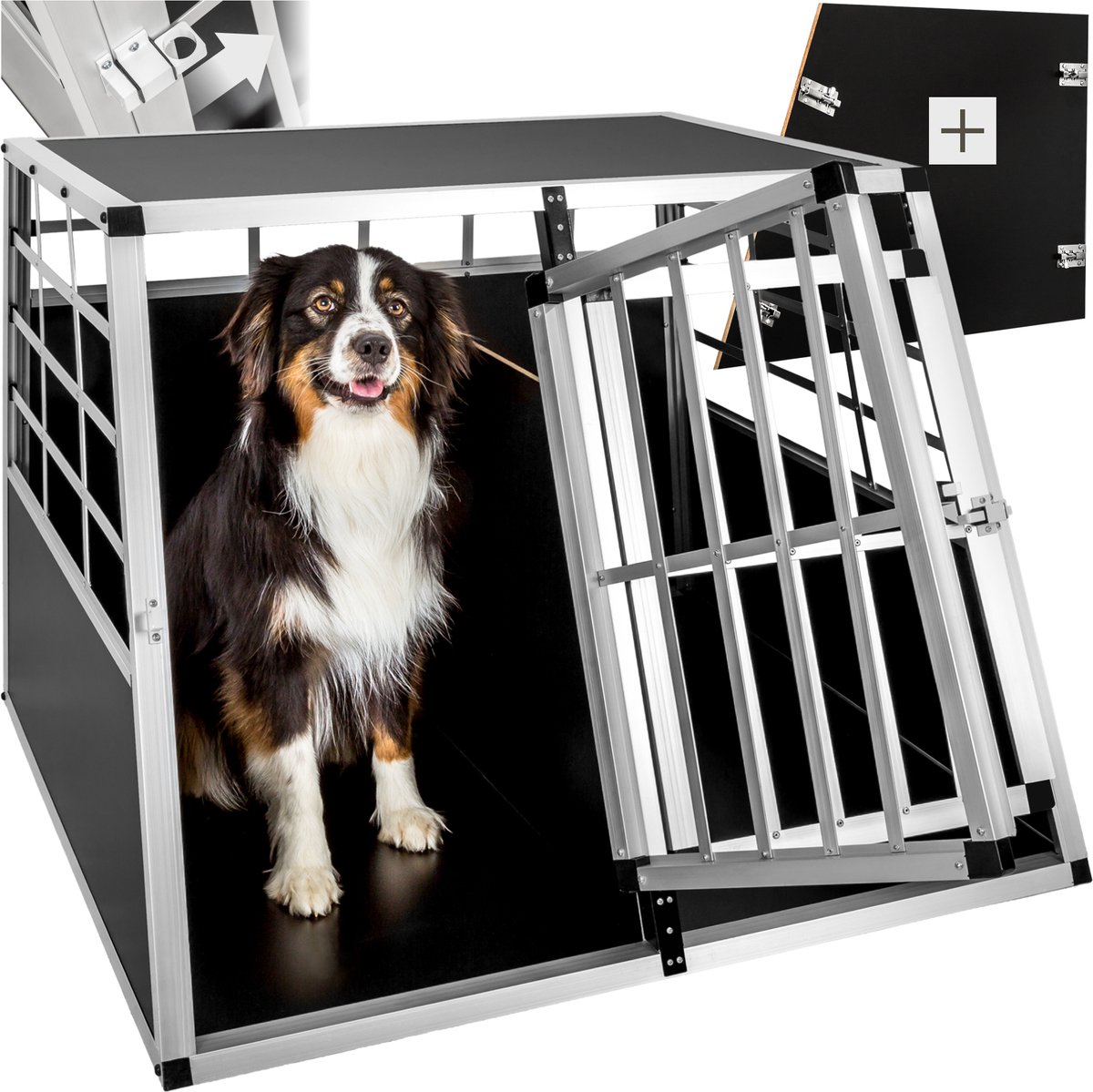 tectake® Dubbele Hondenbench met verwijderbaar tussenschot - Aluminium Transportbox met Trapeze Vorm, Lichtgewicht en Stevige Constructie, Ideaal voor Veilige Ritten en Comfort voor je Hond - 97 x 90 x 69,5 cm