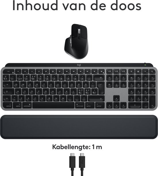Clavier Logitech MX Keys S gris, repose-poignets noir et souris Logitech MX Master 3S noire.