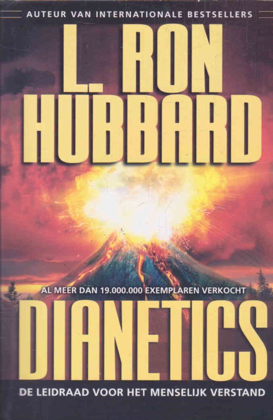 Boekomslag van Dianetics met een explosie van een vulkaan in de achtergrond.
