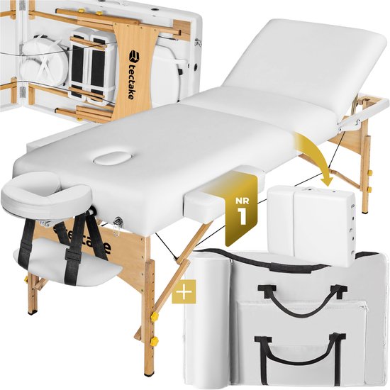 tectake® Massagetafel Behandeltafel - 10cm Matras - 3 Zones - Opvouwbare Behandelbank met Draagtas en Opbergtas - In Hoogte Verstelbaar - Max Draagvermogen 250kg - Wit