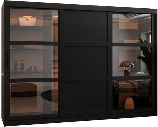 Zweefdeurkast Kledingkast met 3 schuifdeuren glanzen Garderobekast slaapkamerkast Kledingstang met planken | elegante kledingkast - DEMO 3 (250 cm, Zwart) met lades