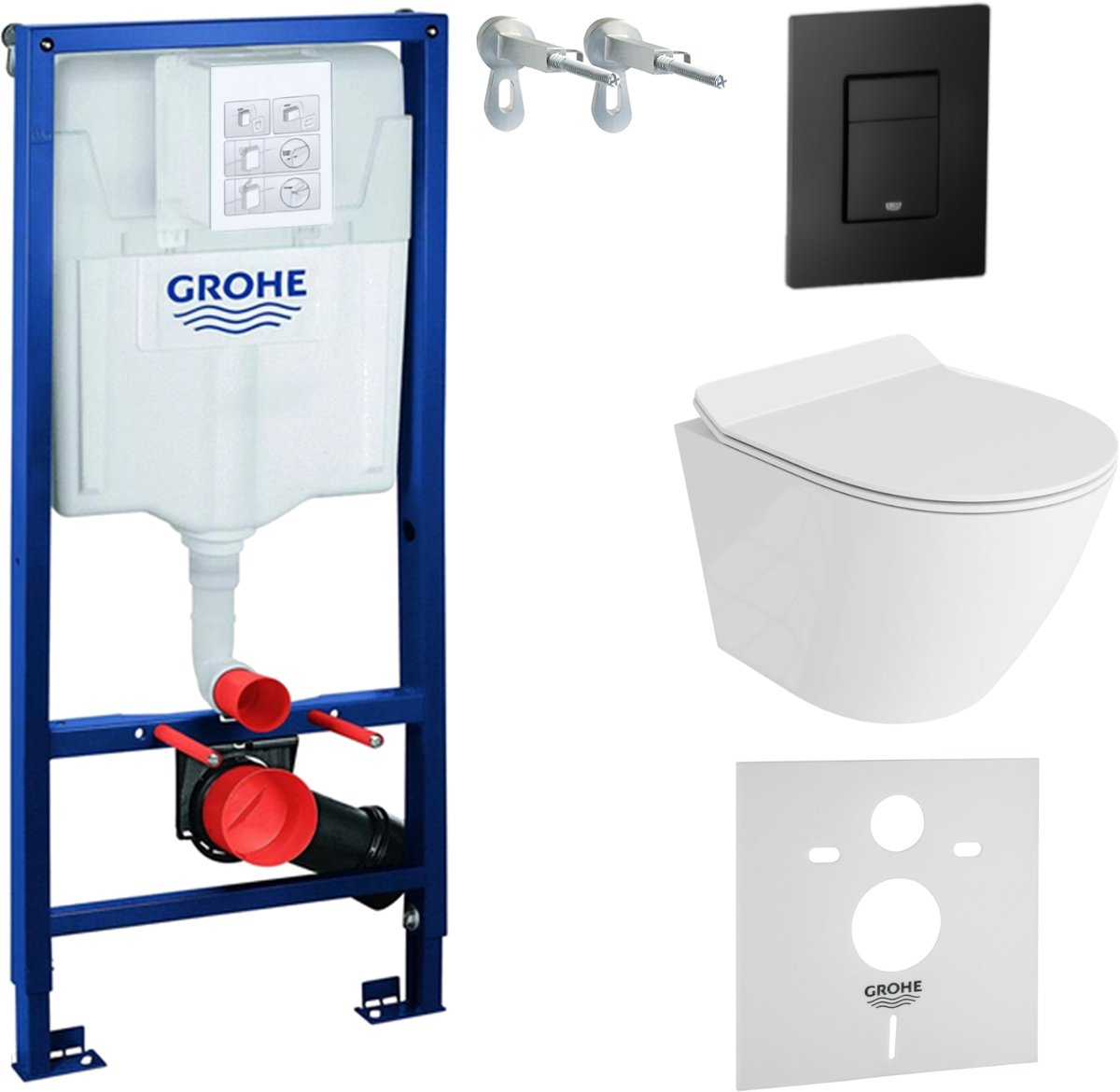 GROHE Solido Inbouwreservoir - LAVITA SOGO SLIM Wit Hoogglans Wandcloset - Zwarte EVEN Drukplaat - Complete Set