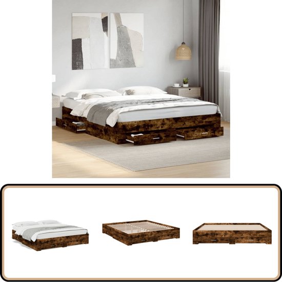 vidaXL - Bedframe - met - lades - bewerkt - hout - gerookt - eikenkleurig - 200x200 - cm