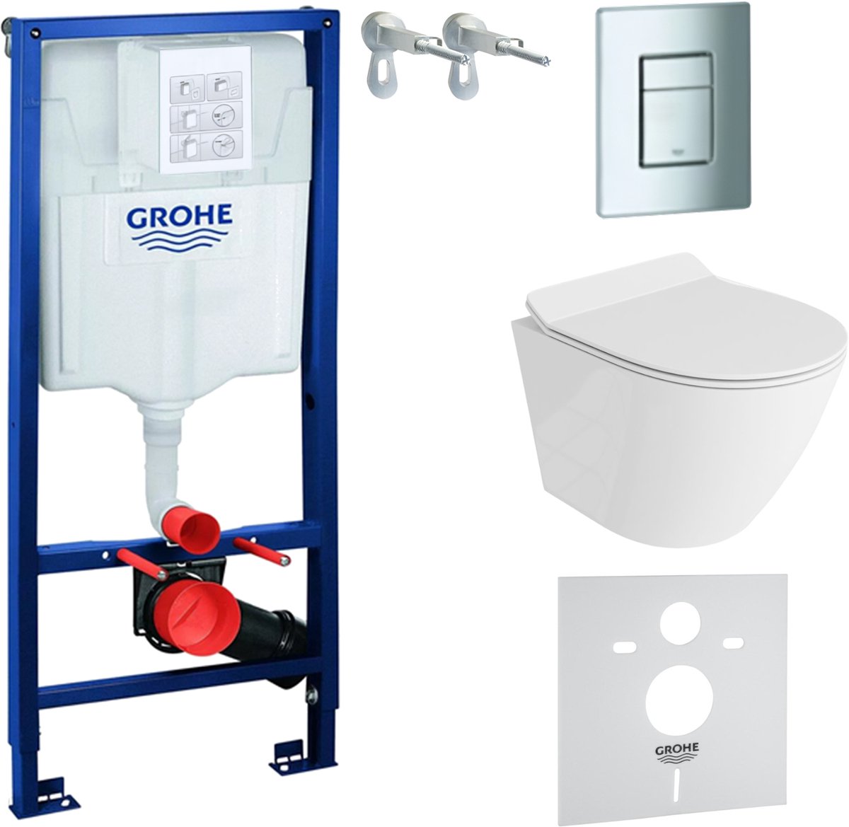 Inbouwreservoir Complete Toiletset Grohe Solido 39069000 - Inbouw WC Hangtoilet Wandcloset Sogo Slim Wit Hoogglans - Bedieningsplaat EVEN 4in1 Chroom - Voorwandelement - Installatiesysteem