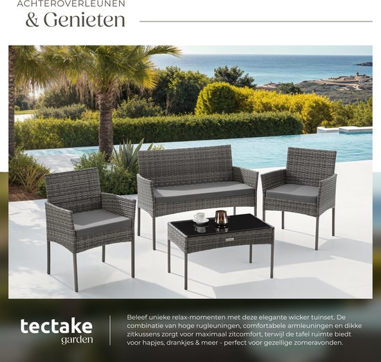 tectake® - Salon de jardin en osier Palese - Ensemble de sièges pour 4 personnes - Ensemble de meubles de jardin avec banc de salon, table de jardin et 2 chaises de jardin avec coussins d'assise - Mobilier de jardin - Hydrofuge - Grijs