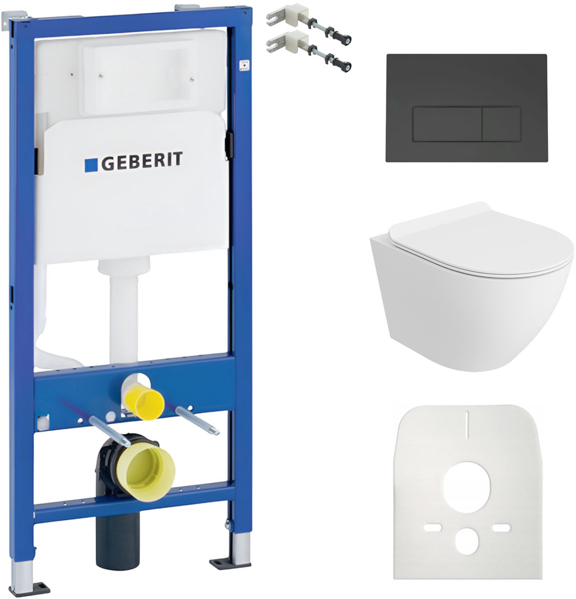 Inbouwreservoir Complete Toiletset Geberit Duofix Basic - Inbouw WC Hangtoilet Wandcloset SOFI SLIM Wit Mat - Bedieningsplaat DELTA Zwart - Voorwandelement - Installatiesysteem