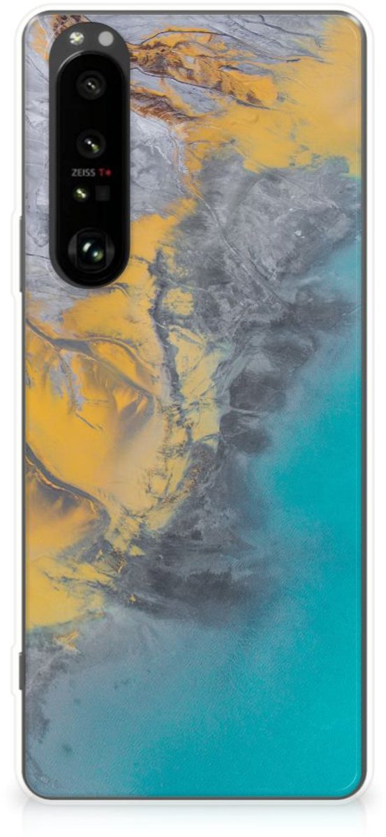 Sony Xperia 1 III TPU Siliconen Hoesje Marble Blue Gold