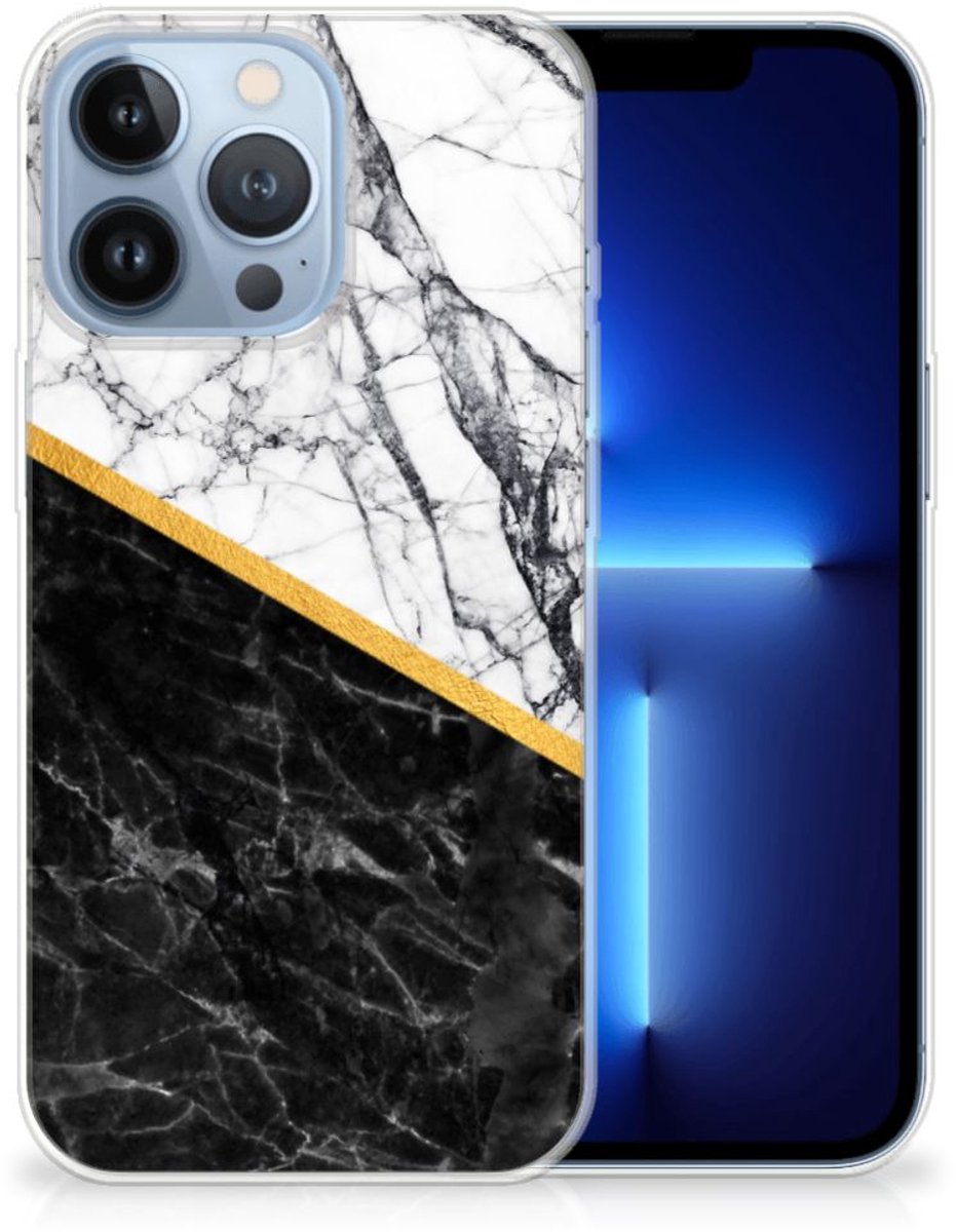Apple iPhone 13 Pro TPU Siliconen Hoesje Marmer Wit Zwart - Origineel Cadeau Man