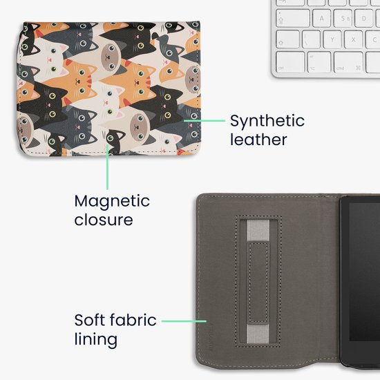 kwmobile e-reader hoesje geschikt voor Pocketbook Verse / Verse Lite / Verse Pro / Color / Vivlio Light/Light HD hoes - E reader flip case met magneetsluiting - Ereader cover - Katten design in oranje / zwart / wit van Merkloos — afbeelding 5