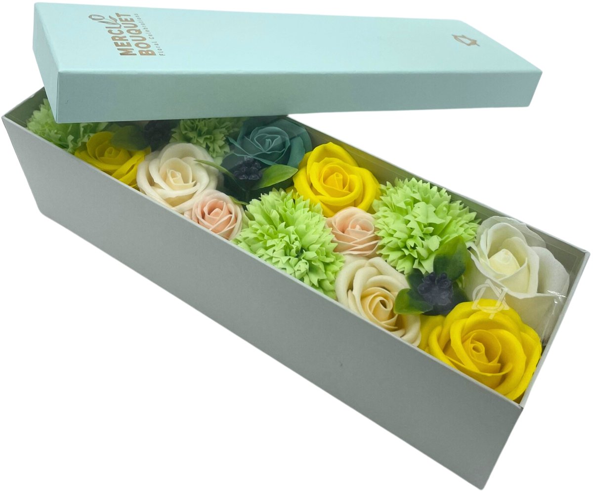 Zeepbloemen Lange Doos Geschenk Set - Lente Boeket Geel & Groen - Zeep Bloemen - Cadeau Set