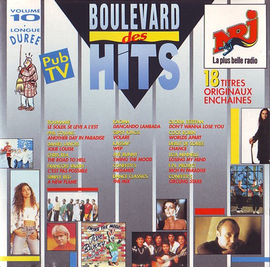 Albumcover met "Boulevard des Hits Volume 10" en artiesten zoals Phil Collins, Kaoma, Gloria Estefan.