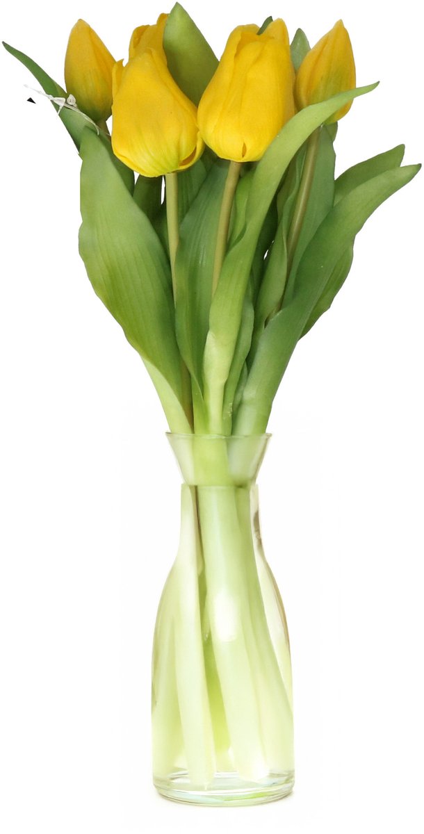 Bellatio Design Kunst tulpen boeket Vermeer - 7x stuks - geel - real touch - 31 cm
