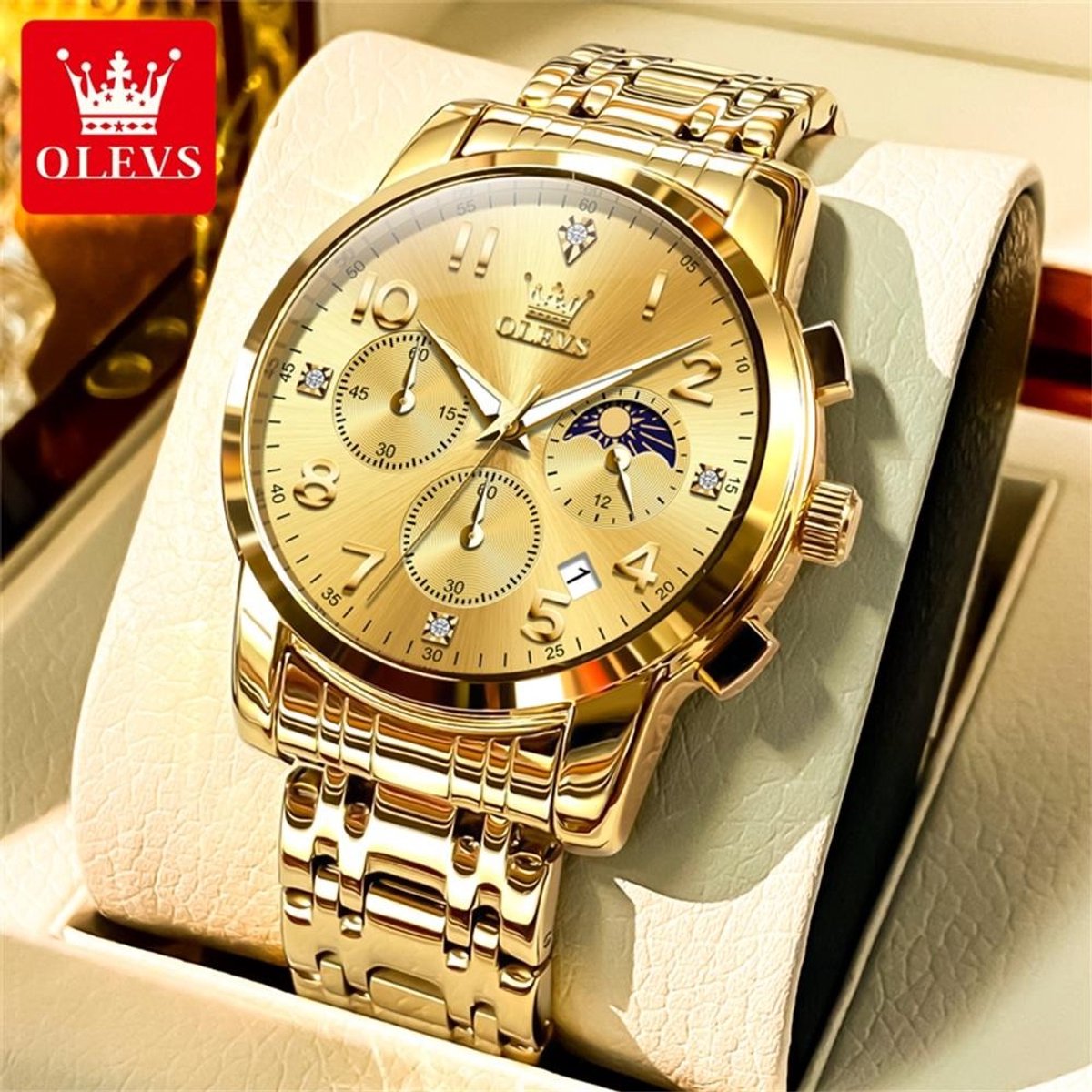 HO-3628.g : Olevs goudkl edelstaal horloge, goudkl wijzerplaat, goudkl cijfers, uren minuten maanfase -aanduiding, dagkalender