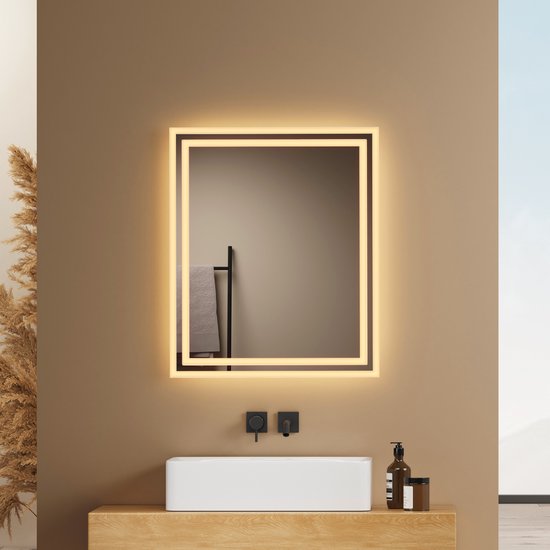 EMKE LED Badkamerspiegel met Verlichting 70x50 cm – Warmwit en Koelwit Licht – Badkamerspiegel met Anti-Beslagfunctie Drukknopschakelaar – IP44 – Energiezuinig
