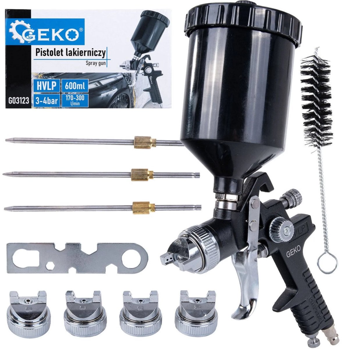 GEKO HVLP verfspuitpistool - 4 verwisselbare nozzles - 600 ml capaciteit - 3-4 bar werkdruk